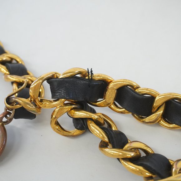 Auth Chanel Belt Chain Belt Gold Metal Fittings Women's Leather Chain Belt Black - Picture 7 of 11